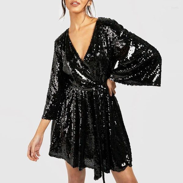 Robes décontractées enveloppe sexy v-cou robe de soirée ceinturée femme printemps paillettes paillettes sharkly a-line mini automne à manches longues creux dame