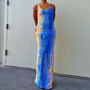 Robes décontractées Sexy Y2K Vêtements Tie Dye Imprimer Sans Manches Dos Nu Moulante Maxi Pour Femmes Club Fête D'anniversaire Tenues Élégantes