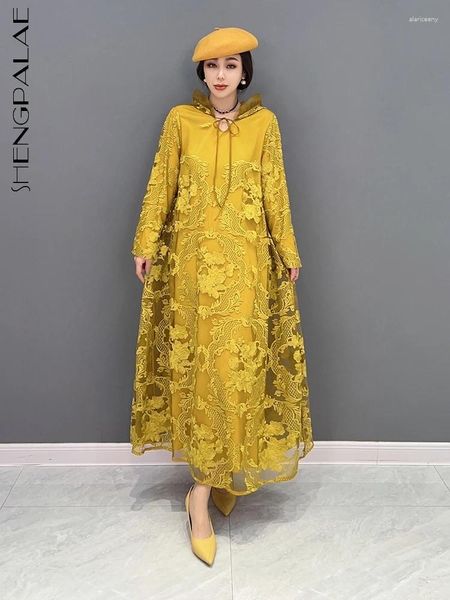 Robes décontractées SHENGPALAE broderie maille robe à capuche pour femmes 2024 printemps vêtements élégant de haute qualité jaune Felame Vestido 5R261