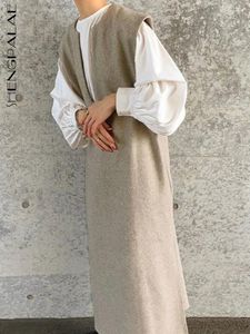 SHENGPALAE Mouwloze Lange Vest Jurk Voor Vrouwen Effen Eenvoudige Wollen Kleding Koreaanse Mode Kantoor Dame Vestido 2024 Herfst