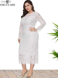 Casual jurken Shestarr Plus size kanten jurken elegante solide kleur o nek lange mouw mode 2022 bochtige mid-lengte xl-6xl vorm passend jurk l230520