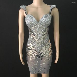 Robes Décontractées Brillant Argent Paillettes Strass Robe Femmes Anniversaire Lumineux Sexy Costume De Bal Célébrer Bling Miroirs Tenue De Soirée