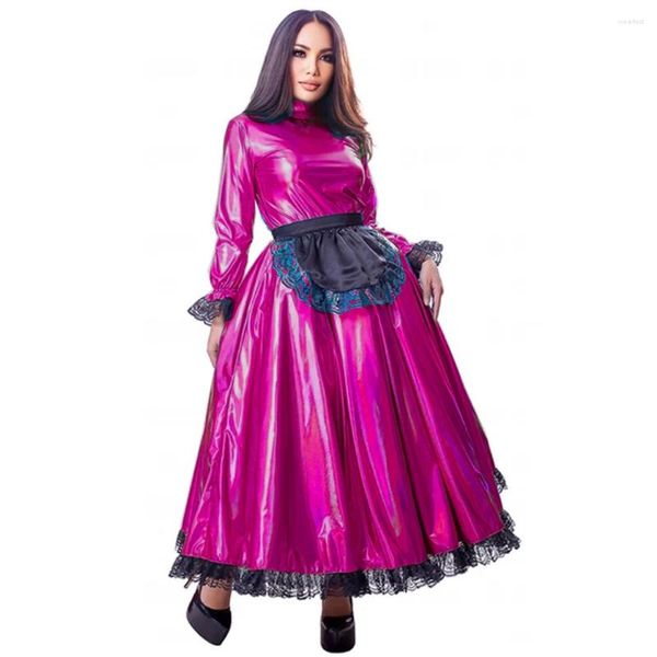 Robes décontractées Shinny Laser Sissy Manches longues Dentelle Robe de demoiselle française avec tablier Crossdresser Hommes Gay Swing Cosplay Costume Vintage S-7XL