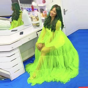 Robes décontractées Brillant Fluorescent Green Tulle Superposition Sheer Manches longues Femmes Maxi Party Robes de chambre Plus Taille Robe de maternité