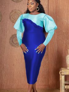 Casual jurken Shiny Midi Party -jurks voor elegante vrouwen blauw kleurblok bodycon o nek lange lantaarn mouwen evenement verjaardag herfst outfits 4xl 230302