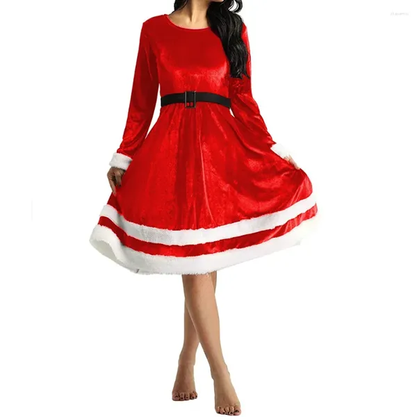 Robes décontractées en velours brillant robe à manches longues sexy rond cou rond A-line club de fête de fête de Noël santa claus costume soirée femme 7xl