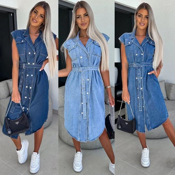 Robes décontractées Chemise Robe Denim 2023 Jeans Femmes Col rabattu Lanterne Manches Lâche Simple Boutonnage Une Ligne Robes