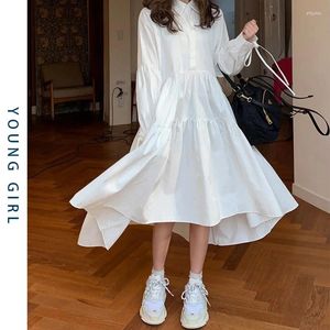 Casual jurken shirt jurk voor vrouwen die massief wit 2024 veervestidos vintage elegante femme gewaden met lange mouwen losmaken, los 19806
