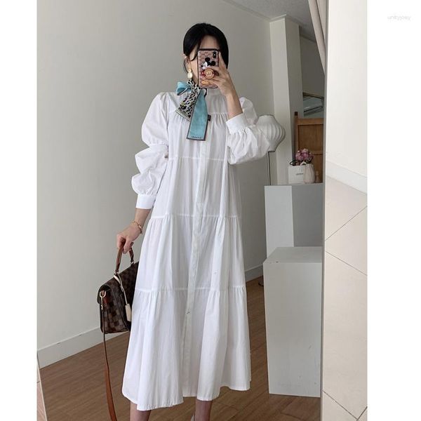 Robes décontractées Chemise Robe Femmes Plie Lâche Puff Manches Blanc Style Coréen Printemps Élégant Femme Fête Confortable Simple