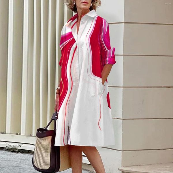 Robes décontractées Chemise Midi Encre Robe Simple Bureau Extérieur Quotidien Polyester Moderne Col À Rabat Poche À Manches Longues 2023 Printemps Coupe Ample