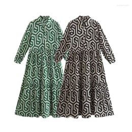 Casual jurken shirt vrouwen zomer 2023 vintage geometrische printjurk vrouwelijke chique revers knop plooien ruches midi vestidos