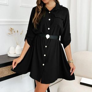 Robes Décontractées Chemises Robe Femmes Coton Lin Boho Taille Ceinture Col En V Robe D'été Couleur Unie Revers Manches Longues Boutonné Une Ligne Tunique