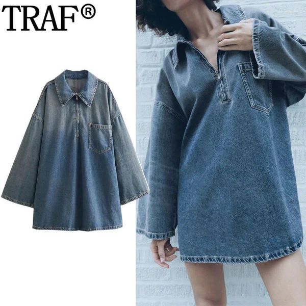 Robes décontractées Robe en denim courte Femme Mode Bleu Mini Zip Up Loose Femme Automne Manches longues Streetwear