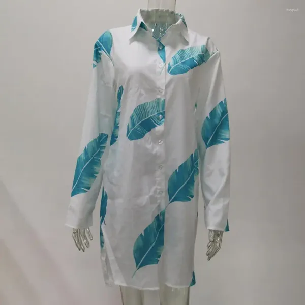 Robes décontractées robe courte feuille d'impression de vacances Couvre plage pour les femmes à manches longues en vrac de chemise mini bikini d'été