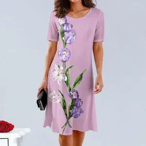 Robes décontractées robe à manches courtes femmes A-line midi floral tulip imprimé été pour la longueur de genou respirante douce.