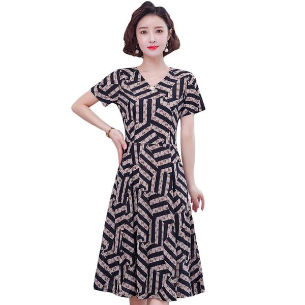 Vestidos casuales Vestido de mujer de manga corta de impresión de verano Moda coreana con cuello en V Midi elegante A-Line Vintage para mujer Ropa Casual