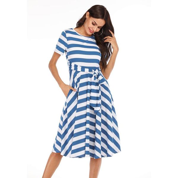 Robes décontractées à manches courtes à rayures robe mi-longue femmes une ligne fête bleu rayé vêtements été Vintage Rockabilly Vestidos