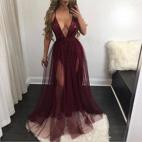 Robes décontractées Showy Vin Rouge Couture Paillettes Gaze Une Ligne Femmes Robe Femme Profonde V Sangle Spaghetti Maille Parti Maxi Robes