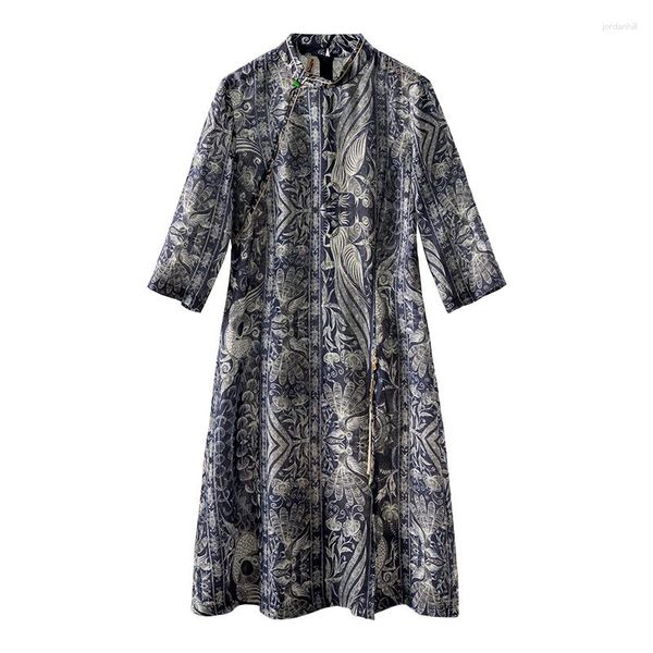 Vestidos casuales Shuchan Indie Folk Print Dress para mujer Ramie A-LINE Cremallera Hasta la rodilla MANDARIN COLLAR Verano