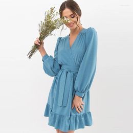 Robes décontractées Shyloli femmes Dot volants a-ligne ceinture robe col en v lanterne à manches longues Mini bleu 2023 Fanshion automne