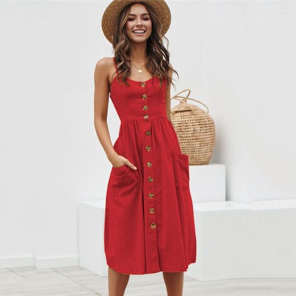 Vestidos informales Sigutan Elegante Button Mujeres Polka Lunas Rojo Algodón Midi Midi Summer Femenino Vestidos Beach