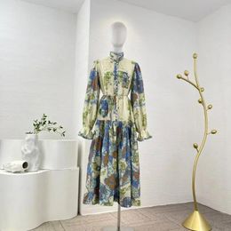 Casual jurken Silk Cotton 2024 Nieuwste modecollectie Topkwaliteit Blue Floral Printing Folds Turtle Neck Women Loose Midi