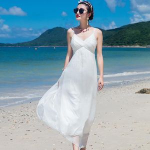 Casual jurken zijdejurk 2023 Lente zomer vrouwen lange sexy chiffon strand bohemian plus groot formaat boho witte elastische fee