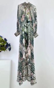 Robes décontractées Robe longue en soie 2024 Printemps Style Femmes Charme Floral Imprimer Perles Déco Manches Longueur Maxi Magnifique
