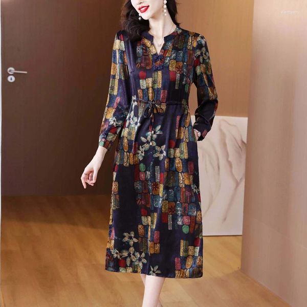 Vestidos casuales Vestido de morera de seda para mujeres 2024 Primavera y otoño Marca de gama alta Estilo occidental Mamá de mediana edad Falda Qipao