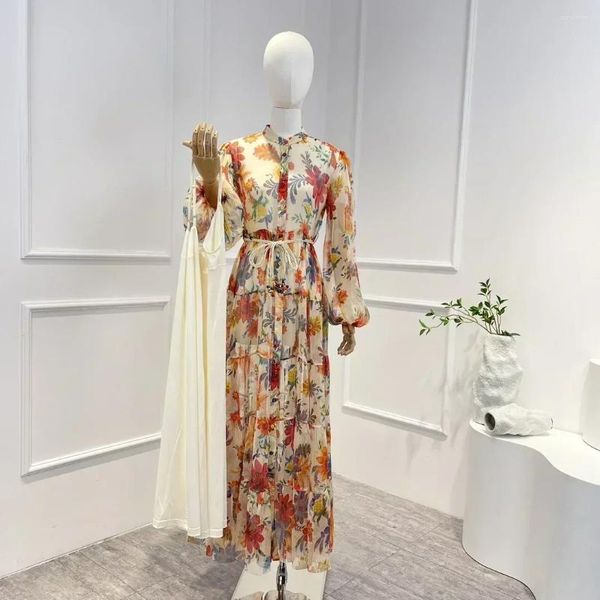 Robes décontractées Soie Tissu naturel 2023 Vintage Spring Summer Floral Impression Ceinture Longue Lanterne Manches Boutons Femme Robe Midi