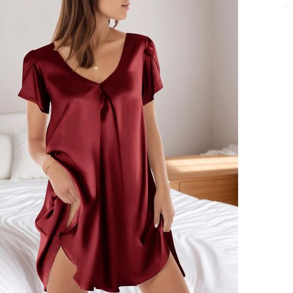 Vestidos informales de satadilla Satin Women Camiseta Sólida Sólida Sleweved V Cuello Vestido de ropa de casa