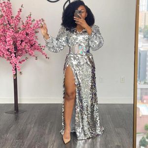 Vestidos casuales Silver Sparkle Sequined Split Straight Prom Vestidos Puff Sleeves Sexy Long Women to Party Gold Formal Maxi Dress