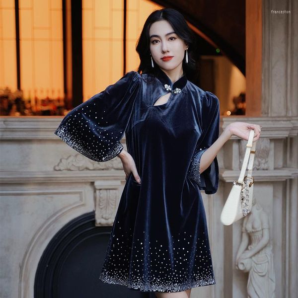 Robes décontractées SIMEIZI amélioré robe formelle ample pour les femmes 2023 printemps Style chinois mince bleu avec diamant