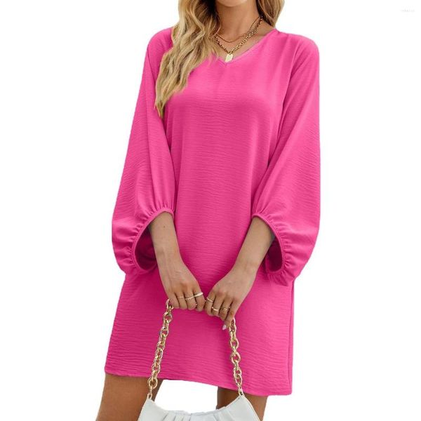 Robes décontractées Style artistique simple couleur unie robe courte à manches longues col rond mini femmes habillées automne quotidien coupe ample vêtements