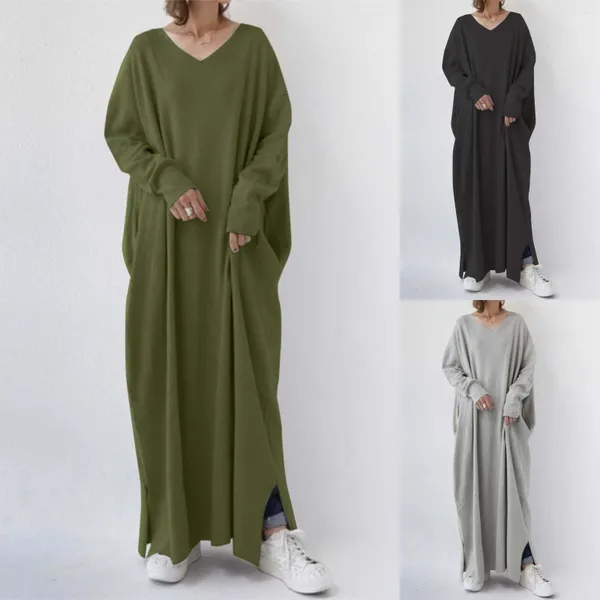 Robes décontractées Simple Urbain Couleur Solide Robe Longue Femme Printemps Mode Oversize Plus Taille Manches Col V Split