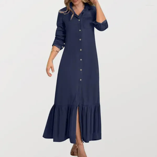 Vestidos casuales Vestido de camisa de un solo pecho Mujeres Color Sólido Elegante Denim Maxi con volante Patchwork Flowy Hem Mujer para viajes