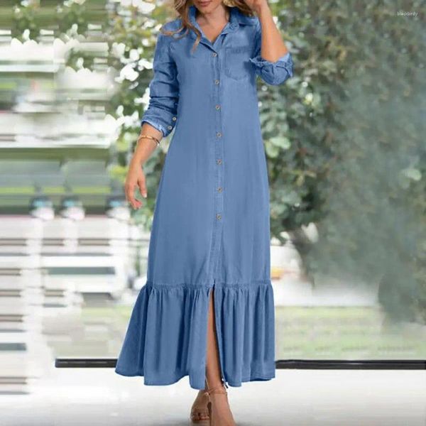 Vestidos casuales Vestido de camisa de un solo pecho Elegante Denim Maxi con volantes Patchwork Flowy Hem Cárdigan de manga larga para mujer para viajar