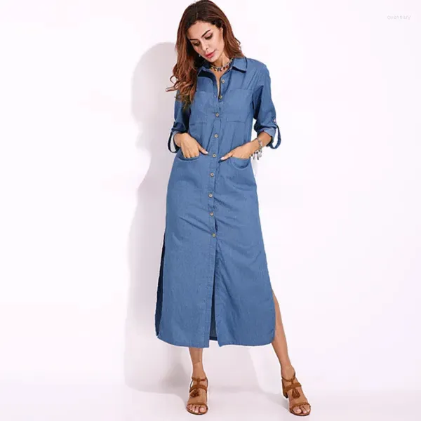 Robes décontractées simple boutonnage côté ouvert à manches longues robe en jean dames col de chemise couleur unie plusieurs poches jupe maman