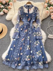 Robes décontractées Singreiny Automne Gaze Sweet Party Robe Femmes Broderie À Manches Longues Une Ligne Femme Mode Streetwear Imprimer Soirée