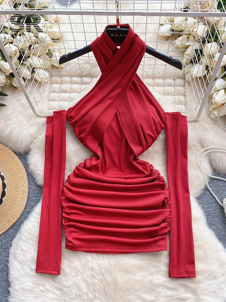 Casual Dresses SINGREINY Backless Halter Sexy Mini Dress Summer Women Red Off Shoulder Long Sleeve Ladies Y2K Ruched Fashion 2024