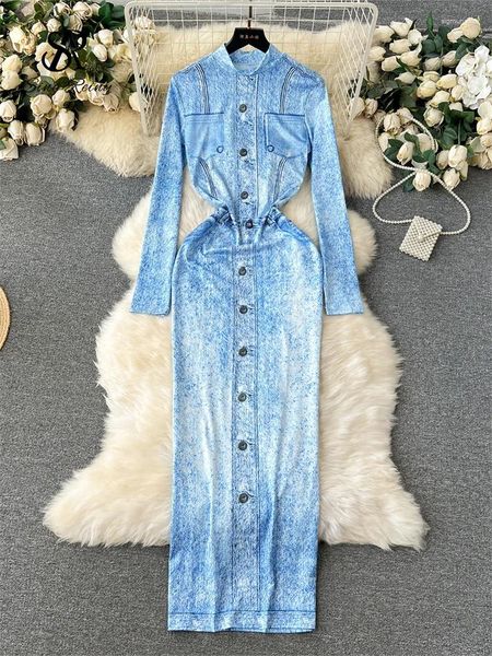 Robes décontractées Singrainy Mode Imitation Jeans Imprimer Robe longue 2024 Col montant Manches Streetwear Vintage Gaine Moulante