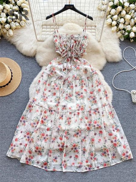 Robes décontractées Singreiny Floral Print Maxi Robe Sangle Dos nu Taille élastique Mode 2024 Dames élégantes Vacances Une ligne