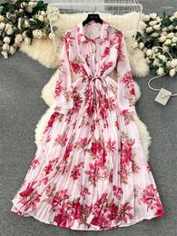 Robes décontractées Singrainy Floral Print Slim Robe Femmes Élégantes Manches longues Français Haute Qualité Dames Plissée Une ligne