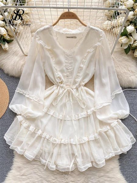 Robes décontractées Singreiny France Genties Femmes Habille Ruffles V Neck Long Lantern Manches Lace Up Up Senior Elegant Chic Sweet Wedding Party