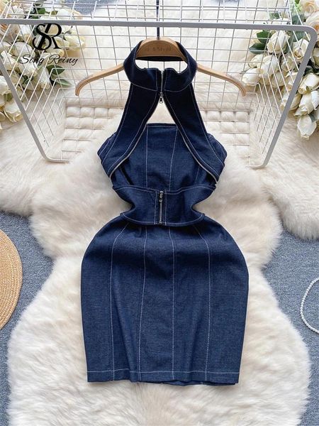 Vestidos informales Singreiny Halter Zipper Sexy Vestido 2024 elegante Fit Slim Fashing sin espalda Summer Streetwear Denim sin tirantes