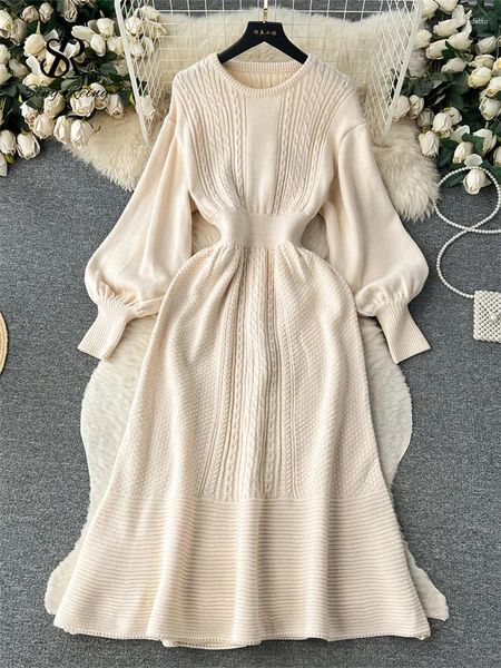 Vestidos casuales SINGREINY Invierno suéter grueso vestido O cuello manga larga linterna giro taladro en forma sólida vintage mujeres senior suelta una línea