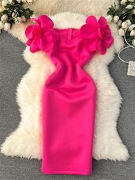Casual jurken Singreiny Women Elegant 3D Floral Party Dress Europen Senior Off the Shoulder Sleeves 2024 Fashion Temperament Avond