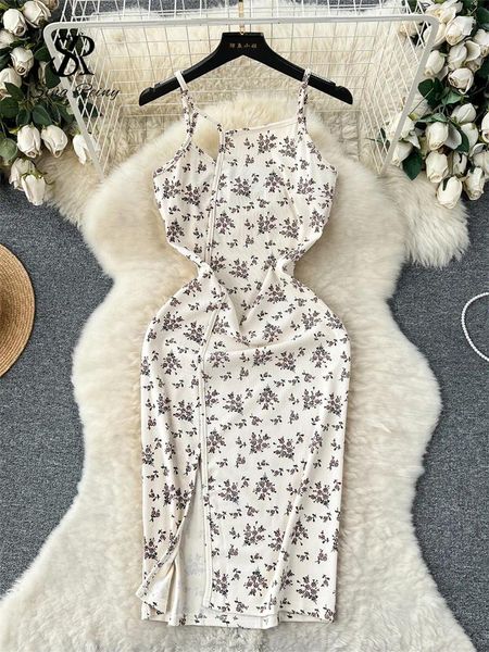 Vestidos casuales SINGREINY Mujeres Correa Dulce Vestido floral Estilo coreano Ahueca hacia fuera el cuello diagonal Sin mangas Split Vintage Romántico Sexy