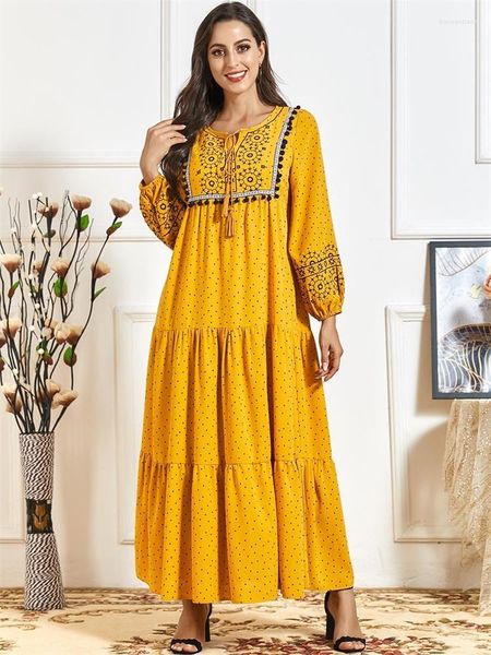 Vestidos casuales Siskakia Indie Folk bordado Maxi vestido para mujeres otoño 2022 amarillo punto pompón suelto árabe Dubai Turquía ropa musulmana