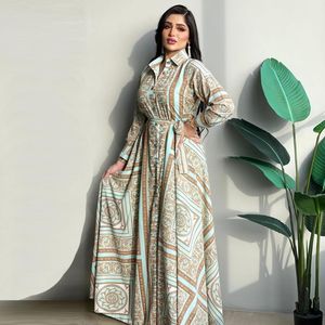 Vestidos casuales Siskakia Vestido de camisa larga para mujeres Otoño 2021 Vintage Estampado étnico Dubai Turquía Árabe Omán Marruecos Medio Oriente Ropa musulmana